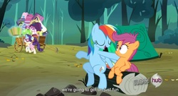 Size: 1579x861 | Tagged: safe, screencap, rainbow dash, rarity, scootaloo, pegasus, pony, unicorn, g4, sleepless in ponyville, female, filly, hub logo, mare, tent, youtube caption, youtube link