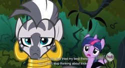 Size: 1571x859 | Tagged: safe, screencap, twilight sparkle, zecora, zebra, g4, magic duel, youtube caption, youtube link