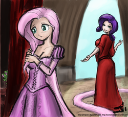 Size: 800x733 | Tagged: safe, artist:johnjoseco, artist:michos, color edit, edit, fluttershy, gummy, rarity, human, g4, cleavage, clothes, colored, crossover, disney princess, dress, female, humanized, impossibly long hair, long hair, mother gothel, rapunzel, tangled (disney)
