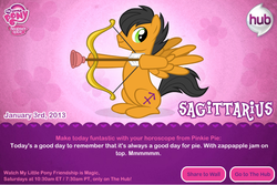 Size: 750x500 | Tagged: safe, pegasus, pony, g4, official, archery, arrow, bow (weapon), bow and arrow, horoscope, logo, my little pony logo, plunger, ponified, ponyscopes, sagittarius, sitting, smiling, spread wings, suction cup, text, weapon, wings, zodiac