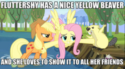Size: 852x472 | Tagged: safe, color edit, applejack, fluttershy, mr. beaverton beaverteeth, beaver, earth pony, pegasus, pony, g4, keep calm and flutter on, angry, image macro, primus, recolor, song reference, wynona's big brown beaver