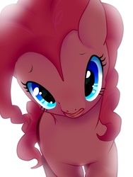 Size: 900x1200 | Tagged: safe, artist:nabe, pinkie pie, earth pony, pony, g4, female, looking at you, offscreen character, open mouth, pixiv, pov, simple background, solo, white background
