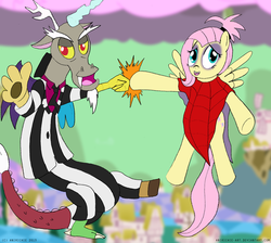 Size: 900x806 | Tagged: safe, artist:ladyanidraws, discord, fluttershy, g4, keep calm and flutter on, beetlejuice, crossover, tim burton