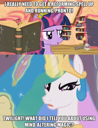 Size: 448x582 | Tagged: safe, edit, edited screencap, screencap, princess celestia, twilight sparkle, g4, keep calm and flutter on, bitchlestia, caption, deus ex twilight, element of magic, hub logo