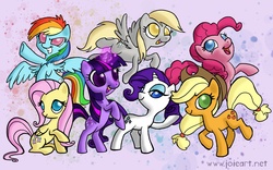 Size: 1680x1050 | Tagged: safe, artist:joieart, applejack, derpy hooves, fluttershy, pinkie pie, rainbow dash, rarity, twilight sparkle, pegasus, pony, g4, female, mane six, mare, wallpaper