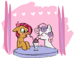 Size: 911x722 | Tagged: safe, artist:cat4lyst, babs seed, sweetie belle, g4, blushing, cropped, cute, eyes closed, female, floppy ears, lesbian, marriage proposal, milkshake, open mouth, ring, sharing, sharing a drink, ship:babsbelle, shipping, smiling, straw, wide eyes