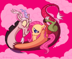 Size: 1000x814 | Tagged: safe, artist:girgrunny, discord, fluttershy, draconequus, pegasus, pony, g4, blushing, cloud, cute, discute, duo, duo male and female, female, floppy ears, friendship, looking at each other, male, profile, shyabetes