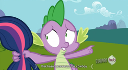 Size: 764x422 | Tagged: safe, screencap, spike, twilight sparkle, g4, keep calm and flutter on, hub logo, tail pull, youtube caption