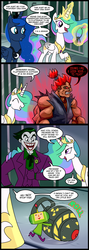 Size: 785x2200 | Tagged: safe, artist:madmax, princess celestia, princess luna, alicorn, pony, g4, akuma, atomic bomb, comic, crossover, fallout, female, idiot, jail, katamari damacy, male, mini nuke, nuclear weapon, prince of all cosmos, street fighter, the joker, this will end in death, this will end in tears and/or death, uselesstia