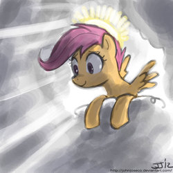 Size: 800x800 | Tagged: safe, artist:johnjoseco, scootaloo, pegasus, pony, g4, cloud, cloudy, crepuscular rays, female, filly, foal, halo, signature, solo, spread wings, wings