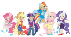 Size: 3132x1659 | Tagged: safe, artist:ryuchan444, applejack, fluttershy, pinkie pie, rainbow dash, rarity, twilight sparkle, human, g4, belly button, clothes, dress, eared humanization, female, horn, horned humanization, humanized, midriff, pantyhose, shorts, simple background, skirt, tailed humanization, transparent background, watermark, winged humanization