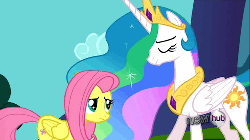 Size: 500x281 | Tagged: safe, screencap, fluttershy, princess celestia, g4, keep calm and flutter on, animated, duo, eye contact, female, gif, hub logo, lidded eyes, looking at each other, momlestia