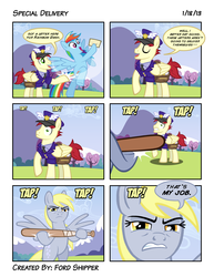 Size: 2550x3300 | Tagged: safe, artist:mystic-forces, care package, derpy hooves, rainbow dash, special delivery, pegasus, pony, .mov, g4, wonderbolts academy, baseball bat, comic, female, mailpony, male, mare, possessive, stallion, underp