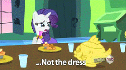 Size: 400x225 | Tagged: safe, screencap, rarity, g4, keep calm and flutter on, animated, clothes, dress, element of generosity, elements of harmony, female, hub logo, soup, tureen