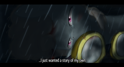 Size: 733x400 | Tagged: safe, artist:lilliesinthegarden, dust devil, g4, background pony, caption, goggles, rain, sad, text