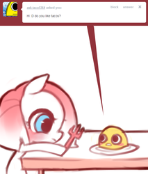 Size: 500x587 | Tagged: dead source, safe, pinkie pie, earth pony, pony, g4, ask, dialogue, food, fork, hoof hold, pinkamena diane pie, plate, simple background, table, taco, white background, younger