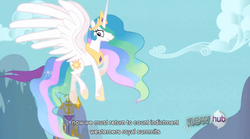 Size: 763x423 | Tagged: safe, screencap, princess celestia, g4, keep calm and flutter on, youtube caption