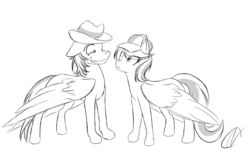 Size: 1024x614 | Tagged: safe, artist:narbevoguel, eff stop, tracy flash, pegasus, pony, g4, duo, female, grin, hat, looking at each other, male, mare, nervous, nervous smile, one eye closed, shipping, smiling, stallion, straight, suspicious, trilby