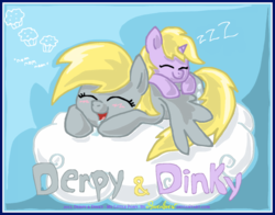 Size: 1000x784 | Tagged: safe, artist:ravenevert, derpy hooves, dinky hooves, pegasus, pony, g4, cloud, equestria's best mother, female, mare, offspring, sleeping, snoring, zzz