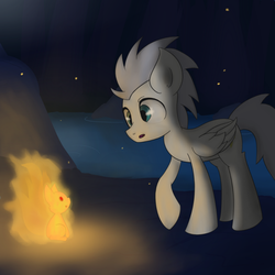 Size: 800x800 | Tagged: safe, artist:muffinsforever, great scott (g4), pegasus, pony, squirrel, g4, animal, blank flank, fire, male, night, stallion