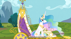 Size: 764x422 | Tagged: safe, screencap, princess celestia, alicorn, g4, keep calm and flutter on, hub logo, logo, solo, the hub, youtube caption