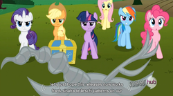 Size: 764x425 | Tagged: safe, screencap, applejack, fluttershy, pinkie pie, rainbow dash, rarity, twilight sparkle, g4, keep calm and flutter on, female, statue, youtube caption