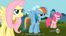 Size: 764x426 | Tagged: safe, screencap, fluttershy, pinkie pie, rainbow dash, g4, keep calm and flutter on, youtube caption