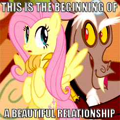 Size: 245x245 | Tagged: safe, edit, edited screencap, screencap, discord, fluttershy, g4, keep calm and flutter on, animated, image macro, ship:discoshy, shipping