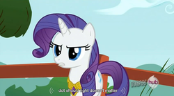 Size: 847x470 | Tagged: safe, screencap, rarity, g4, keep calm and flutter on, hub logo, solo, youtube caption