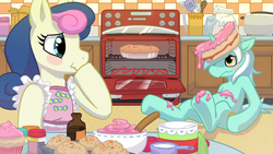 Size: 1280x720 | Tagged: safe, artist:fauxboy, bon bon, lyra heartstrings, sweetie drops, earth pony, pony, unicorn, g4, blushing, cooking, cupcake, female, flour, food, mare, oven