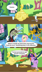 Size: 960x1625 | Tagged: safe, edit, edited screencap, screencap, discord, fluttershy, twilight sparkle, g4, keep calm and flutter on, comic, derpygate, meta, spitting, tureen, yamino