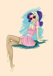 Size: 752x1063 | Tagged: safe, artist:ladyamaltea, rarity, human, g4, camping outfit, clothes, humanized, pinup, pointed breasts, skinny, solo, stockings, sunglasses, thin