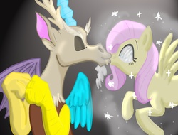 Size: 3675x2800 | Tagged: safe, artist:bluefeathercat, discord, fluttershy, pegasus, pony, g4, blank eyes, female, kissing, male, mind control, straight