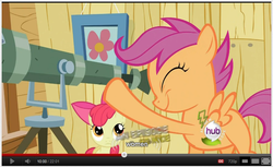 Size: 778x476 | Tagged: safe, screencap, apple bloom, scootaloo, g4, stalkerloo, youtube caption