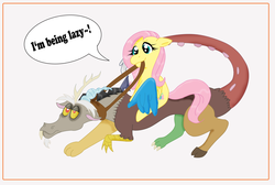 Size: 3103x2086 | Tagged: safe, artist:sugarbubblegum333, discord, fluttershy, g4, collar, female, femdom, flutterdom, laziness, lazy, male, reins, ship:discoshy, shipping, slave, speech bubble, straight