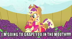 Size: 500x269 | Tagged: safe, edit, edited screencap, screencap, apple bloom, applejack, g4, sisterhooves social, duo, food, grape juice, grapes, grapist, image macro, juice, messy, noogie, whitest kids you know, youtube