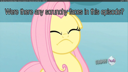 Size: 1920x1080 | Tagged: safe, edit, edited screencap, screencap, fluttershy, pony, g4, keep calm and flutter on, angry, constipated, eyes closed, faic, female, floppy ears, flutterfrown, frown, hub logo, image macro, question, solo