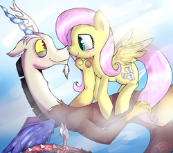 Size: 900x796 | Tagged: safe, artist:sweetscribblez, discord, fluttershy, g4, blushing, boop, cute, noseboop, ship:discoshy, shipping