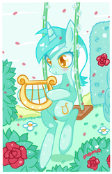Size: 600x929 | Tagged: safe, artist:ipun, lyra heartstrings, pony, unicorn, g4, blushing, featured image, female, flower, garden, happy, heart eyes, hoof hold, lyre, musical instrument, smiling, solo, swing, wingding eyes
