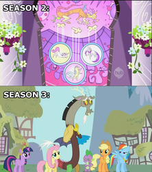 Size: 1280x1440 | Tagged: safe, edit, edited screencap, screencap, applejack, discord, fluttershy, rainbow dash, spike, twilight sparkle, earth pony, pegasus, pony, unicorn, g4, keep calm and flutter on, season 2, season 3, the return of harmony, comparison, hub logo, image macro, stained glass, unicorn twilight