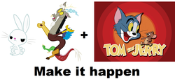 Size: 1327x606 | Tagged: safe, angel bunny, discord, cat, draconequus, mouse, rabbit, g4, animal, exploitable meme, jerry mouse, make it happen, male, tom and jerry, tom cat