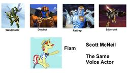 Size: 850x536 | Tagged: safe, flam, g4, beast wars, dinobot, exploitable meme, rattrap, same voice actor, scott mcneil, silverbolt, transformers, waspinator