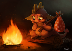 Size: 860x616 | Tagged: safe, artist:cryptid-creations, spike, g4, bindle, campfire, dark, fire, glowing