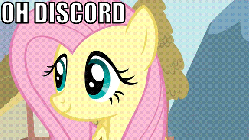 Size: 576x324 | Tagged: safe, edit, edited screencap, screencap, fluttershy, pony, g4, keep calm and flutter on, animated, blushing, female, gif, image macro, implied discord, implied discoshy, implied shipping, implied straight, solo