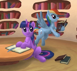 Size: 650x600 | Tagged: safe, artist:choedan-kal, rainbow dash, twilight sparkle, pegasus, pony, unicorn, g4, blue feather, book, bookmark, feather, female, flying, golden oaks library, lesbian, library, mare, open mouth, reading, ship:twidash, shipping, sitting, smiling, table
