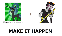 Size: 1337x796 | Tagged: safe, queen chrysalis, changeling, changeling queen, g4, exploitable meme, female, homestuck, make it happen, meenah peixes, meme, meta, sunburst background, younger