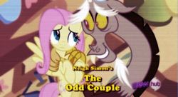 Size: 853x465 | Tagged: safe, edit, edited screencap, screencap, discord, fluttershy, g4, keep calm and flutter on, hub logo, the odd couple