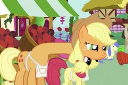 Size: 960x640 | Tagged: safe, apple bloom, applejack, g4, male, nope.avi, short circuit, spider-man, wat