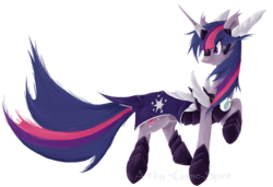 Size: 2446x1677 | Tagged: safe, artist:game-spirit, twilight sparkle, g4, armor, full body, kubrick stare, long tail, looking back, raised hoof, side view, simple background, solo, tail, transparent background