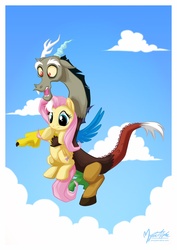 Size: 992x1403 | Tagged: safe, artist:mysticalpha, discord, fluttershy, pony, g4, duo, female, flying, holding a pony, male, pointing